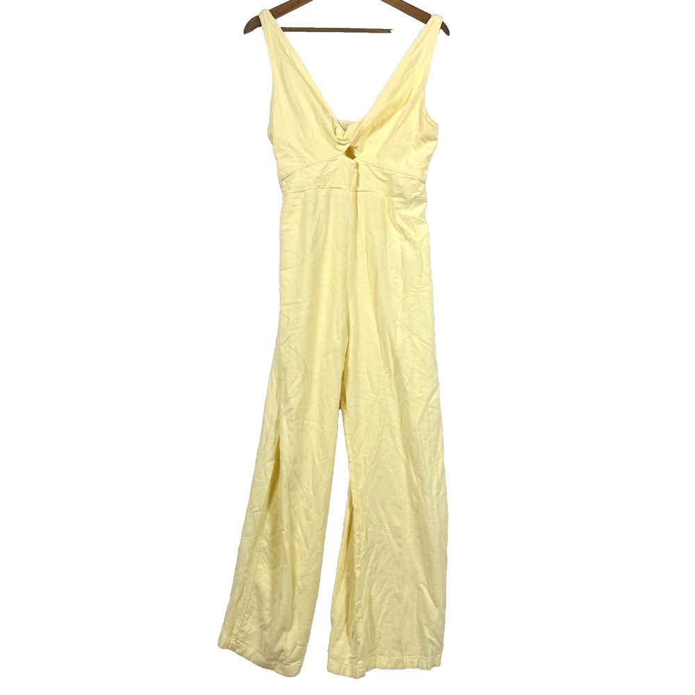 Audrey Parks Butter Yellow Linen Blend Jumpsuit Large Wide Leg Sleeveless Resort